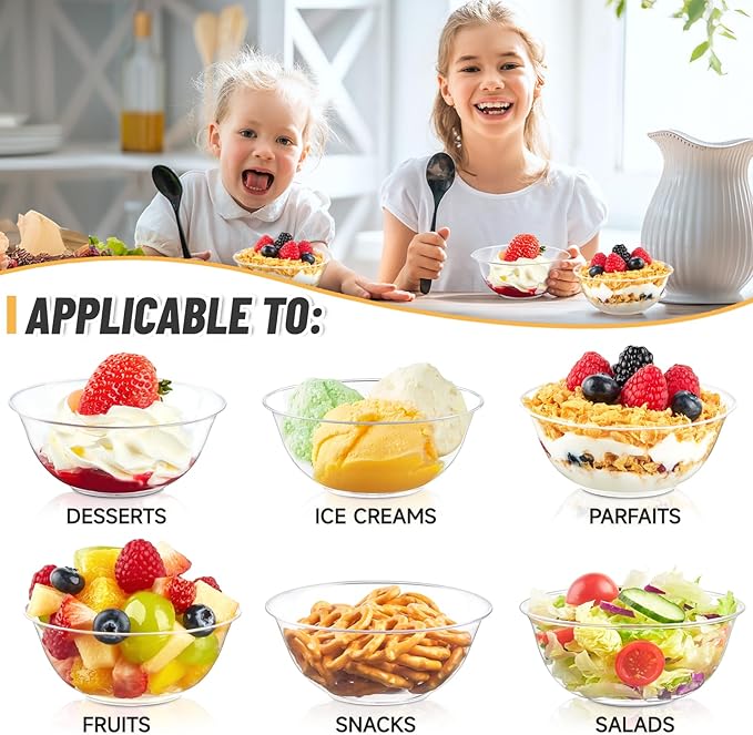 Qeirudu 6 oz Mini Clear Plastic Bowls, 80 Pack Disposable Hard Plastic Party Serving Bowls for Fruit, Desserts, Parfaits, Ice Creams, Snacks