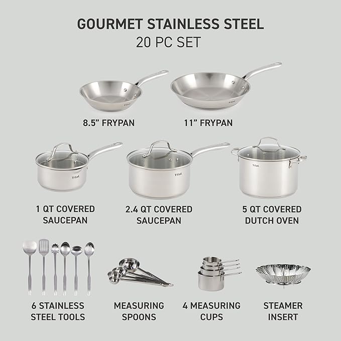 T-fal Gourmet Stainless Steel Cookware Set: 20-Piece Kitchen Essentials, Induction Compatible, Dishwasher Safe, Oven Safe to 500F, Durable Pots and Pans with Steamer for Versatile Cooking