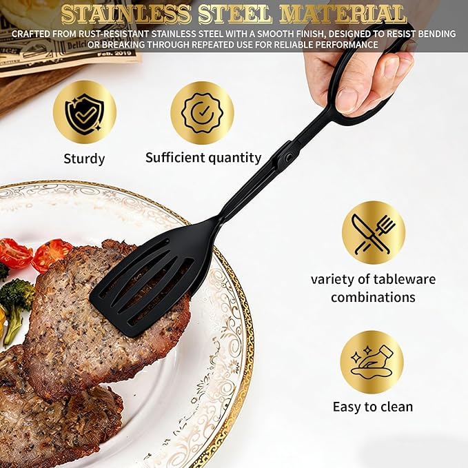 3PCS 9.8-Inch Stainless Steel Salad Tongs for Serving Heavy Duty Serving Tongs for Home Parties, Weddings, Buffets, Barbecues, Kitchen Utensils for Cake, Steak, Salad and More (3, Black)