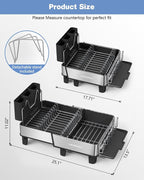 Dish Drying Rack, 304 Stainless Steel Exendable Dish Rack with Adjustable Drain Spout, Large Capacity Dish Drainer with Utensil Holder, Cup Holder and Cutting Board Rack for Kitchen Counter, Black