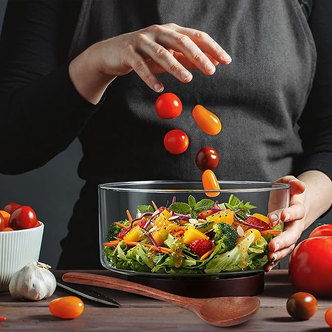 FoldTier Large Glass Salad Bowl Set, Party Salad Bowl with Acacia Wood Base and Lid as Cheese Charcuterie Board and Plate, Comes with 5 Pieces Elegant Wood Serving Utensils