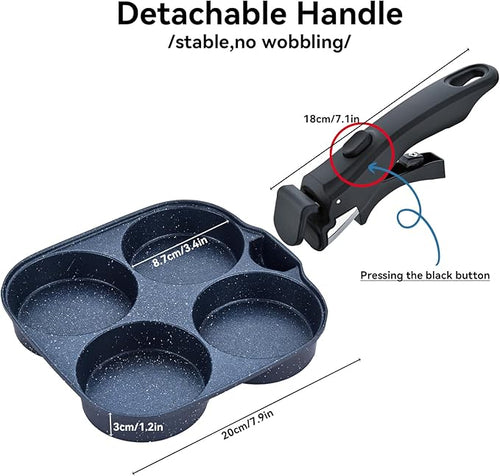 4-Cup Egg Pan Nonstick, Aluminum Omelette Pan with Detachable Handle, Fast Heating Breakfast Omelette Skillet for Fried Eggs Cooker, Pancakes, Suitable for Gas Stove & Induction Cookware