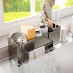 Kitchen Sink Caddy Organizer, Sponge Holder for Kitchen Sink with Upgraded Extra-Wide Drain Board, Efficient Drainage, Stainless Steel with Rust-Resistant Coating