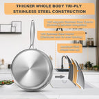 EWFEN Tri-Ply Stainless Steel Frying Pan 3QT, 10 Inch Deep Frying Pan with lids, Skillet, Induction Cooking Pan, Dishwasher and Oven Safe, Fast & Even Heat, Heavy Duty and Detachable Handle
