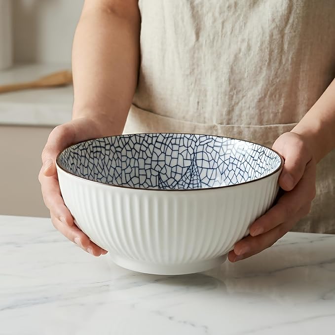 QINLANG Large Soup Bowls, Pho & Ramen Set of 3, 60 oz Blue & White Porcelain - Leaf Pattern