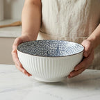 QINLANG Large Soup Bowls, Pho & Ramen Set of 3, 60 oz Blue & White Porcelain - Leaf Pattern