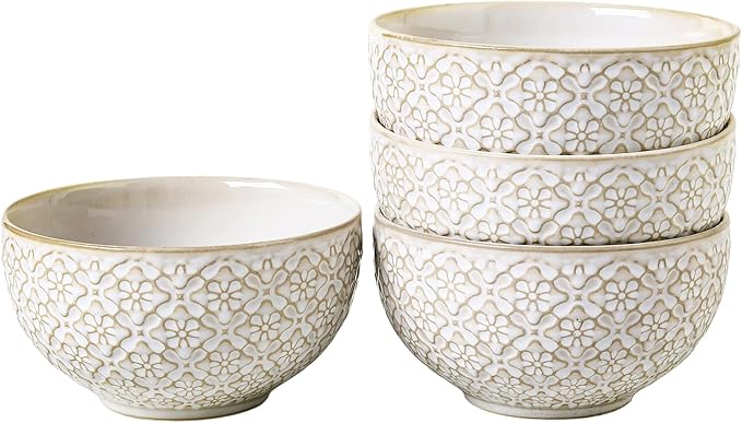 26 OZ Cereal Bowls Set of 4, Ceramic Soup Bowl for Kitchen, 6 inch Porcelain Serving Bowl, Embossed Bowls for Salad, Pho, Breakfast, Ramen, Rice, Dishwasher Safe, Housewarming Gift