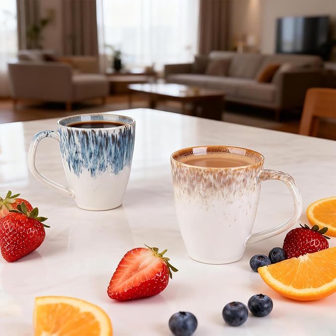 Coffee Mug Set of 2, Hand-Painted Stoneware Coffee Mugs with Modern Design, 17oz Ceramic Cups with Comfort Grip, Ombre and Speckled Glaze, Dishwasher Safe