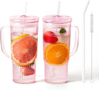 JunVpic Glass Cups with Lids and Straws,24oz Glass Tumbler with Handle Iced Coffee Cup for Coffee,Juice,Tea,Milk,Smoothie,Hot & Cold Drinks (Pink)