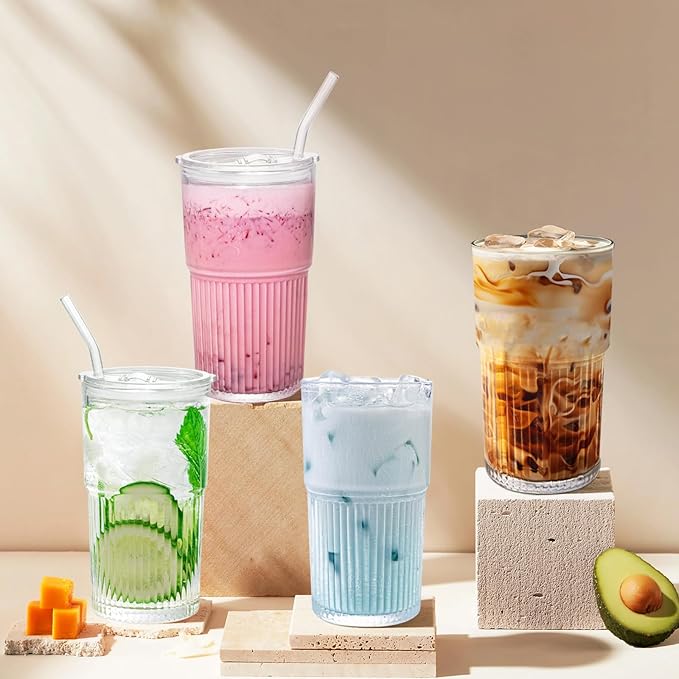 Luiaiog 18.5oz Glass Cups with Lids and Straws – Single Reusable Tumbler, Thickened Shatter-Resistant Glass, Ideal for Iced Coffee, Smoothies, Cocktails, Juices – Elegant & Durable Drinkware