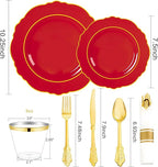 Liacere 350PCS Red Plastic Plates - Red Disposable Plates With Gold Rim - 50Guest Baroque Plastic Dinnerware include 100Plates-50Pack Pre Rolled Napkins with Silverware 50Cups for party & Mothers Day