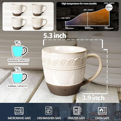 Artena Ceramic Coffee Mugs Set of 4, 16oz Embossed Large Latte Mugs Coffee Cups with Handle for Tea, Latte, Cappuccino & Cocoa, Milk Dishwasher & Microwave Safe, White (Willow Leaf)