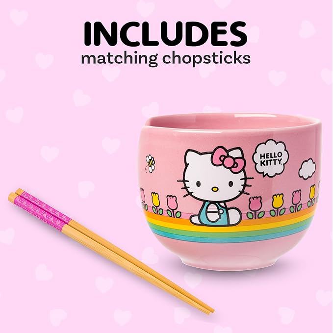 Silver Buffalo Hello Kitty Spring and Summer Flowers Rainbow Stripes Ceramic Ramen Noodle Rice Bowl with Chopsticks, Microwave Safe, 20 Ounces