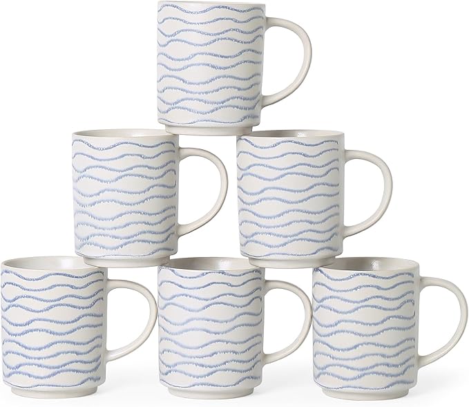 Ceramic Mugs Set of 6, 17oz Coffee Mugs with Handpainted Blue Stripe Pattern, Modern Stackable Coffee Cups, Dishwasher and Microwave Safe Mugs for Coffee, Tea, Milk