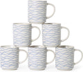 Ceramic Mugs Set of 6, 17oz Coffee Mugs with Handpainted Blue Stripe Pattern, Modern Stackable Coffee Cups, Dishwasher and Microwave Safe Mugs for Coffee, Tea, Milk