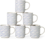 Ceramic Mugs Set of 6, 17oz Coffee Mugs with Handpainted Blue Stripe Pattern, Modern Stackable Coffee Cups, Dishwasher and Microwave Safe Mugs for Coffee, Tea, Milk