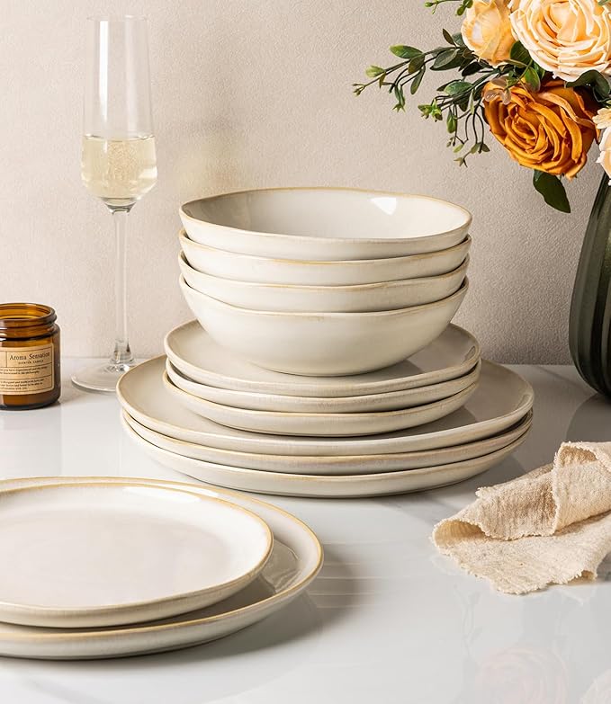 GBHOME Stoneware Dinnerware Sets for 8, 24 Pieces Rustic Ceramic Plates and Bowls Set, Handmade Reactive Glaze Plate Sets, Highly Chip Resistant Dishes, Microwave & Dishwasher Safe, Antique White