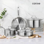 CAROTE 3-Piece Tri-Ply Stainless Steel Frying Pan Set, Skillet Set 8"/10"/12", Induction Compatible, Oven & Dishwasher Safe, Silver Handle