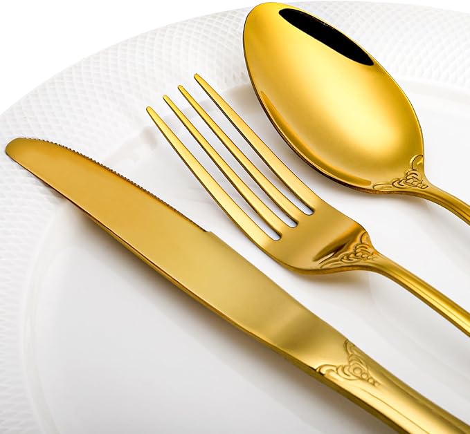40 Pieces Gold Silverware Set for 8, Retro Royal Utensils Set Gold, Stainless Steel Flatware Dinnerware Set Including Forks Spoons and Knives Cutlery Set for Kitchen Wedding Party