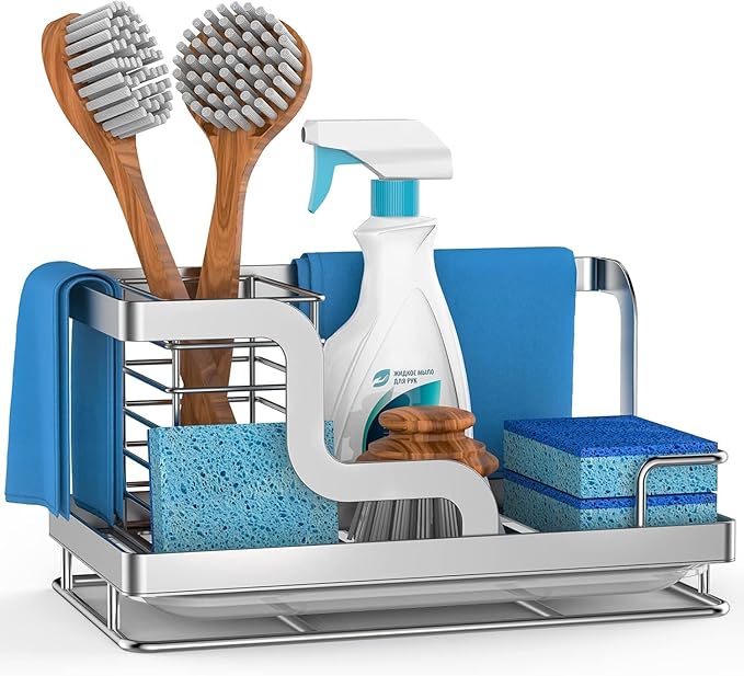 BSKSSK Sink Caddy, Kitchen Sink Organizer Sponge Holder, Dish Soap Scrubber Holder with Removable Drain Pan, Sink Brush Holder Kitchen Sink Stainless Steel for Sponge (Sliver, Large)
