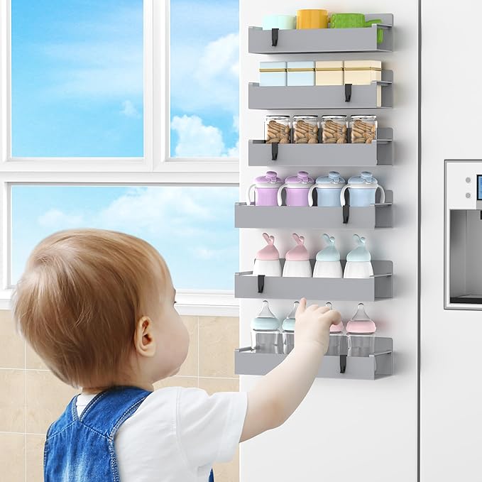 6 Pack Magnetic Spice Rack Organizer for Refrigerator and Oven, Light Gray Fridge Organizers and Storage for Kitchen