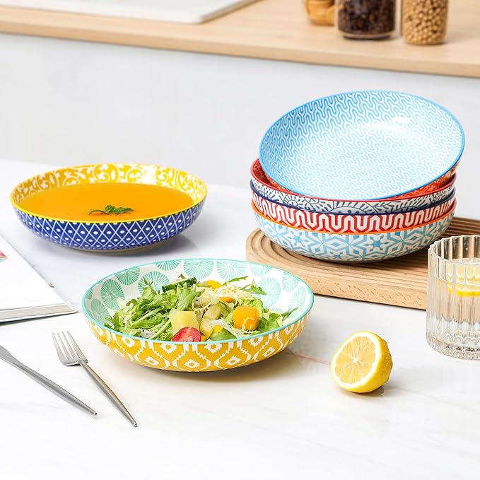 KitchenTour Pasta Bowls 26 Ounce, Porcelain Salad Bowls Serving Bowls Set of 6, 8 inch Ceramic Soup Bowls Dinner Bowls, Dishwasher and Microwave Safe, Assorted Colors