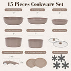 15Pcs Pots and Pans Set Non Stick, Cookware Sets with Detachable Handle, Nonstick RV Kitchen Cooking Tools Removable Handles, Oven Safe, Induction Fast, Stackable Induction Cookware, Brown