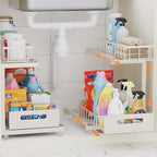 Under Sink Organizer, Heavy Duty Metal Pull Out Cabinet Organizer Slide Out Sink Shelf Organizer Height Adjustable, Multi-Purpose Storage Shelf for Kitchen Bathroom(Sand,2Pack)