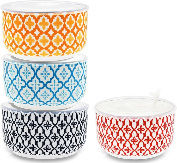 Ceramic Bowls with Lids Set of 4,20 oz Ceramic Serving Bowls with Lids for Kitchen,Office Lunch,Picnic, 5 Inch Prep Bowls for Meal Prep, Cereal, Salad, Microwave Dishwasher Safe