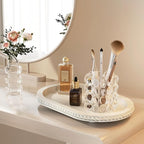 Urban Deco Oval Wooden Decorative Tray Set of 2, Farmhouse Vintage Decorative Tray Stand for Coffee Table, White Serving Tray for Living Room Kitchen Home Decor - 2 Pack