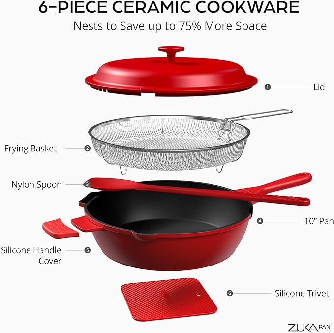 ZUKA 10 in 1 Ceramic Pan by Granitestone, Large 10 Inch Saute Pan with Lid Serves as Deep Frying Set with Steamer, Everyday Skillet, Non Toxic Ceramic Nonstick, Induction Oven & Dishwasher Safe