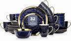 Stone Lain Florian Modern Porcelain Dish Set, 32-Piece Dishes for 8, Gold and Blue
