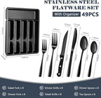 BEWOS 49-Piece Black Silverware Set with Organizer - Stainless Steel Silverware Set for 8 with Steak Knives and Drawer Organizer, Mirror Polished Flatware Set for Home and Restaurant, Dishwasher Safe