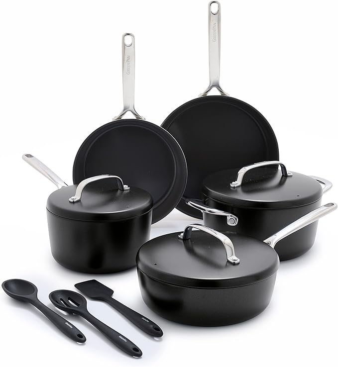 GreenPan GP5 Hard Anodized Healthy Ceramic Nonstick 14 Piece Cookware Pots & Pans Set,Heavy Gauge Scratch Resistant, Stay Flat Surface,Induction, Mirror Finish Handle,Oven Safe, PFAS-Free, Black