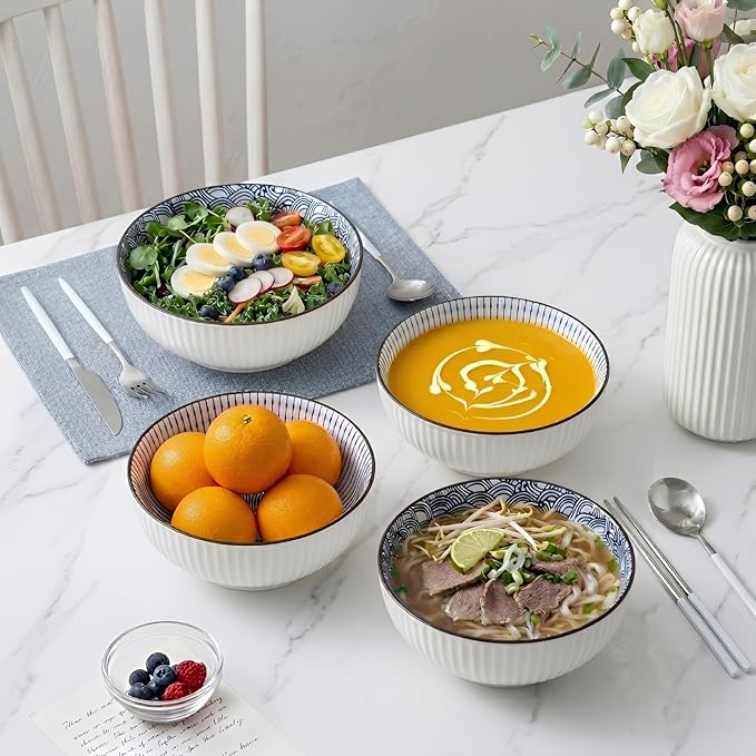 QINLANG 60 oz Large Soup Bowl, Pho Bowls, Japanese Ramen Bowls Set of 3, 8 in Blue and White Porcelain Big Bowls for Eating - 3 Mixing Patterns