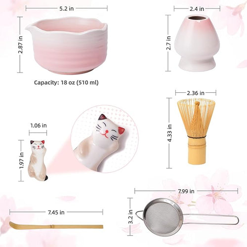 6-Piece Matcha Whisk Set Pink, 18oz Matcha Bowl with Spout, Bamboo Whisk and Chasen Holder, Pink Matcha Kit, Cute Macha Gift Set for Women & Matcha Lovers Starters, Mother's Day Gift