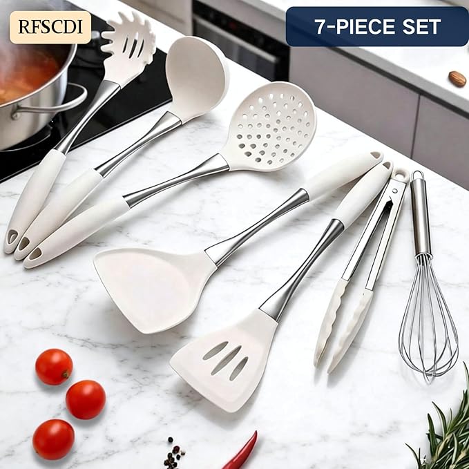 Premium White Silicone Cooking Utensils Set-Non-Toxic, Heat Resistant, BPA Free Kitchen Utensils Set with Spatula, Spoon, Whisk & Tongs-Non-Stick& Dishwasher Safe for Nonstick Cookware