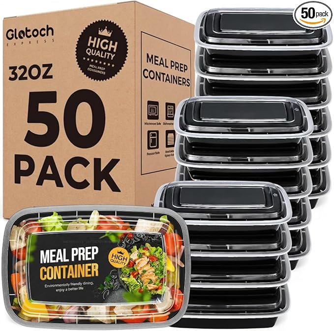 Glotoch Meal Prep Containers with Lids, Plastic food storage containers Reusable, 1-compartment BPA-free, Bento boxes for portion control & takeout, Microwave/freezer/dishwasher safe (50 pack, 32 oz)