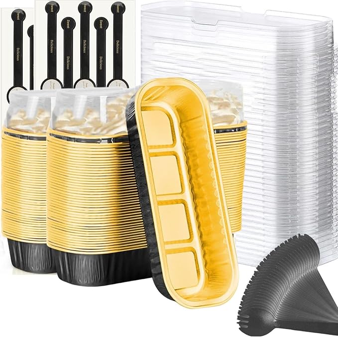 Mini Loaf Baking Pans with Lids And Spoons (100 Pack, 6.8oz) Rectangle Aluminum Foil Baking Pans Tins Containers - Cupcake Containers Wrappers Cheesecake Creme Brulee Ramekins