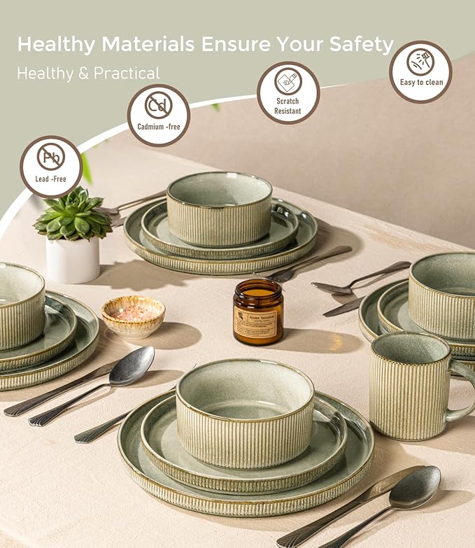 GBHOME 24-Piece Stoneware Dinnerware Set for 8 – Ribbed Ceramic Plates and Bowls, Scratch-Resistant, Microwave & Dishwasher Safe, Reactive Glaze, Desert Sage