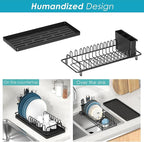 Giwil Small Dish Drying Rack, Compact Dish Rack with Silicone Tray and Caddy, Multifunctional Dish Drainer Sink Drying Rack for Kitchen Counter & Over The Sink, Stainless Stell, Black