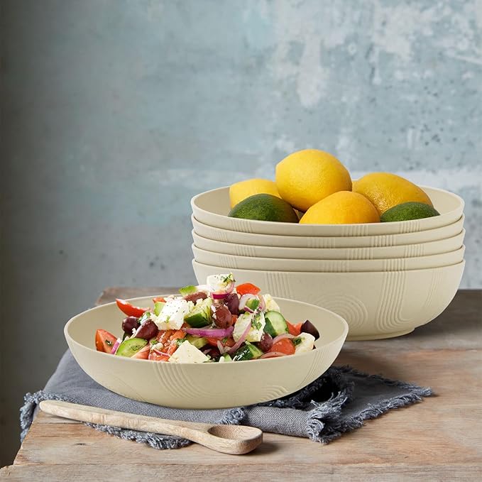 Wrova 10inch Wheat Straw Big Bowls Set of 6 - Large Salad Bowls 65oz set of 6 - Unbreakable Serving Bowls Microwave & Dishwasher Safe for restaurant - Big Plastic Bowls for Cereal,Salad - Beige Series