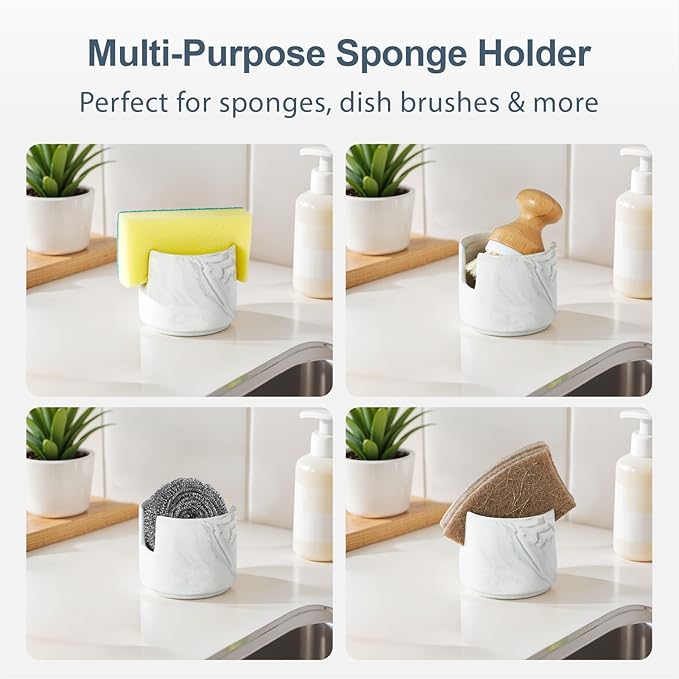 ONEMORE Ceramic Sponge Holder for Kitchen Sink, Dish Sponge Holder with Drain, Kitchen Sink Organizer for Sponge and Soap, Cute Ceramic Sink Holder, In Sink Sponge Storage for Kitchen Counter, Marble