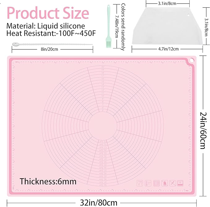 Silicone Baking Mat 32" x 24", Extra Thick Non-stick Pastry Mat with Measurements and Edge Heightening, Food Grade Silicone for Countertop Dough Rolling(With Dough Scraper/Pastry Brush/Cable Tie)