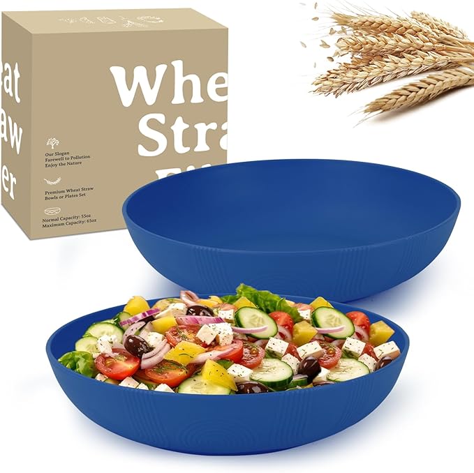 Wrova 65oz Wheat Straw Large Salad & Soup Bowls Set of 2, Unbreakable, Microwave & Dishwasher Safe, Plastic Bowls for Kitchen, Camping, School - Blue