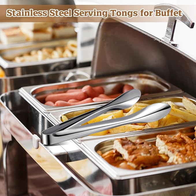 3 Pack Polished Stainless Steel Serving Tongs 6, 9 and 12 Inch Metal Food Silver Tong for Buffet Salad BBQ Grilling Heavy Duty Kitchen Utensils for Cooking Catering Wedding Party