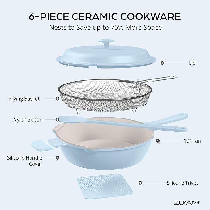 ZUKA 10 in 1 Ceramic Pan by Granitestone, Large 10 Inch Saute Pan with Lid Serves as Deep Frying Pan Set with Steamer, Everyday Skillet, Non Toxic Ceramic Nonstick, Induction Oven & Dishwasher Safe