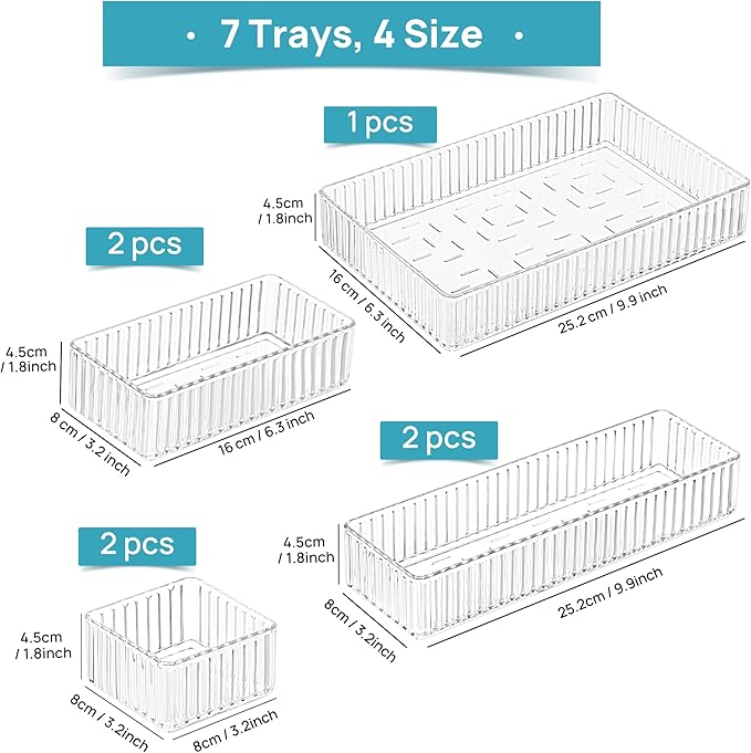 Vtopmart 7 PCS Clear Drawer Organizers Bins, 4-Size Stackable Makeup and Vanity Drawer Organizer Trays, Acrylic Bathroom Drawer Storage Containers for Cosmetic, Office Supply, Kitchen Utensils Gadgets