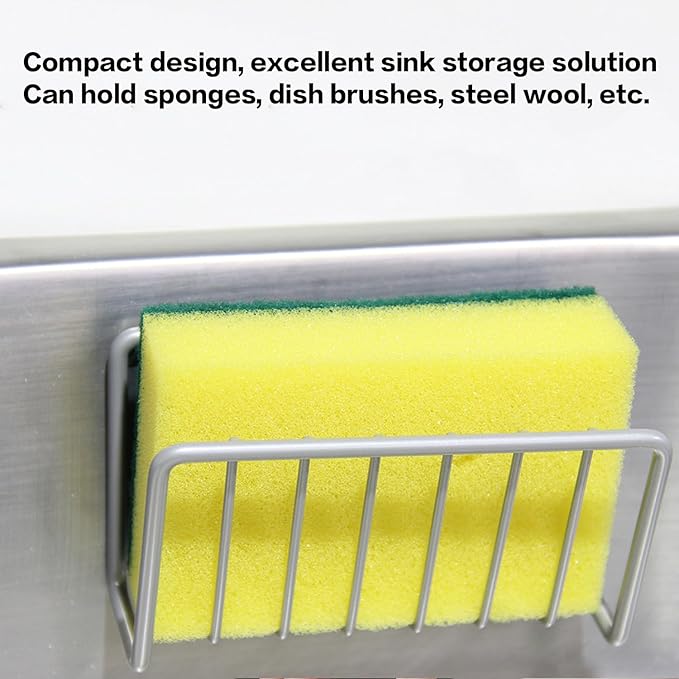 Sponge Holder for Kitchen Sink, Stainless Steel Sink Caddy with Strong Suction Cups, Rustproof Suction Sponge Holder Organizer for Sponge, Scrubber & Brush – Silver
