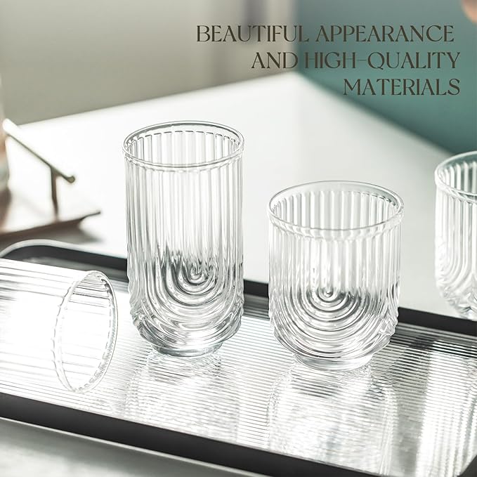 Art Deco Cocktail Glasses, Ribbed Drinking Glasses Set Of 8,14 oz Highball Glasses & 12 oz Cocktail Glasses Set, Kitchen Water Glasses Cup, Bar Tumbler Glassware Set for Beer, Juice, Whiskey, Milk